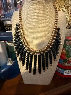 Traci Lynn Gold and Black Beaded Fringe Necklace
